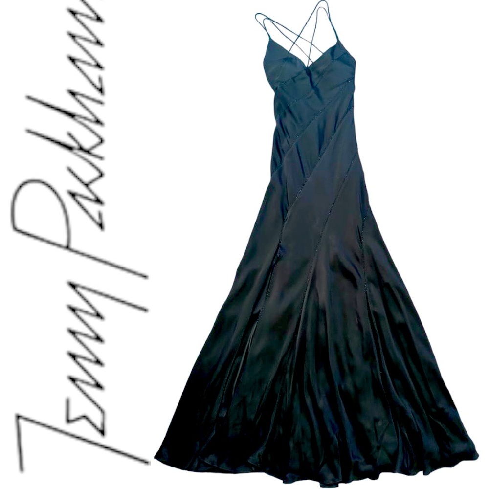 Jenny Packham Mermaid shape black satin dress striped w/ black sequins Sz 6 USA